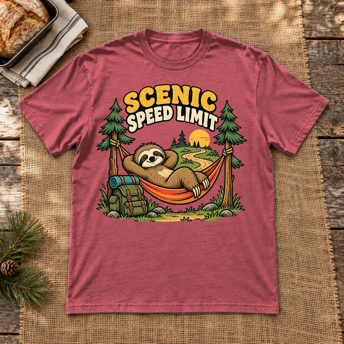 Scenic Speed Limit Sloth Graphic Tee on Heather Red Everyday Soft Tee