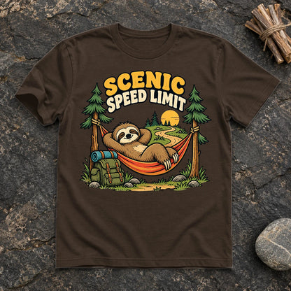 Scenic Speed Limit Sloth Graphic Tee on Dark Chocolate Everyday Soft Tee