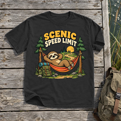 Scenic Speed Limit Sloth Graphic Tee on Black Premium Tee