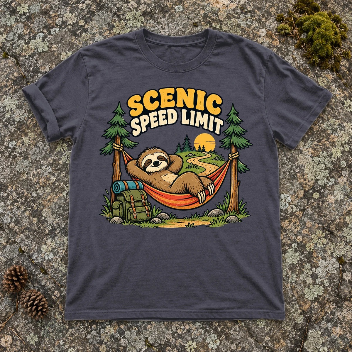 Scenic Speed Limit Sloth Graphic Tee on Navy Premium Tee