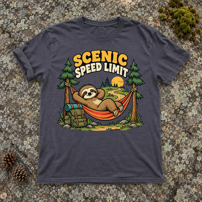 Scenic Speed Limit Sloth Graphic Tee on Navy Premium Tee