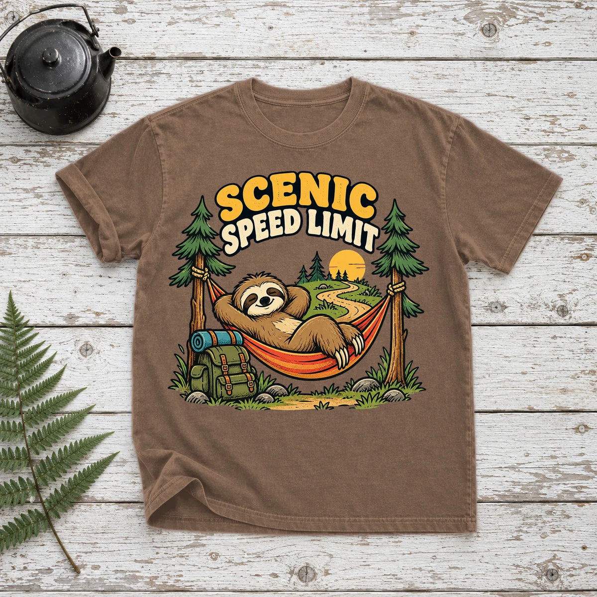 Scenic Speed Limit Sloth Graphic Tee on Espresso Premium Tee