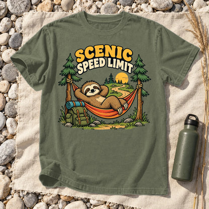 Scenic Speed Limit Sloth Graphic Tee on Moss Premium Tee