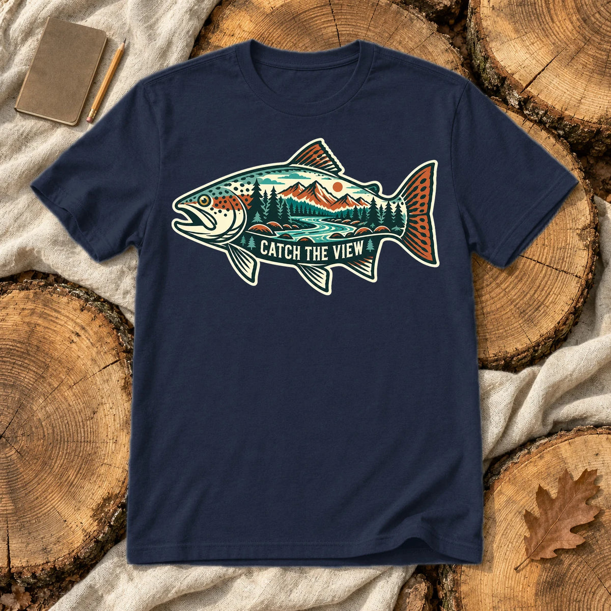 Catch The View Trout Graphic Tee on Navy Everyday Soft Tee
