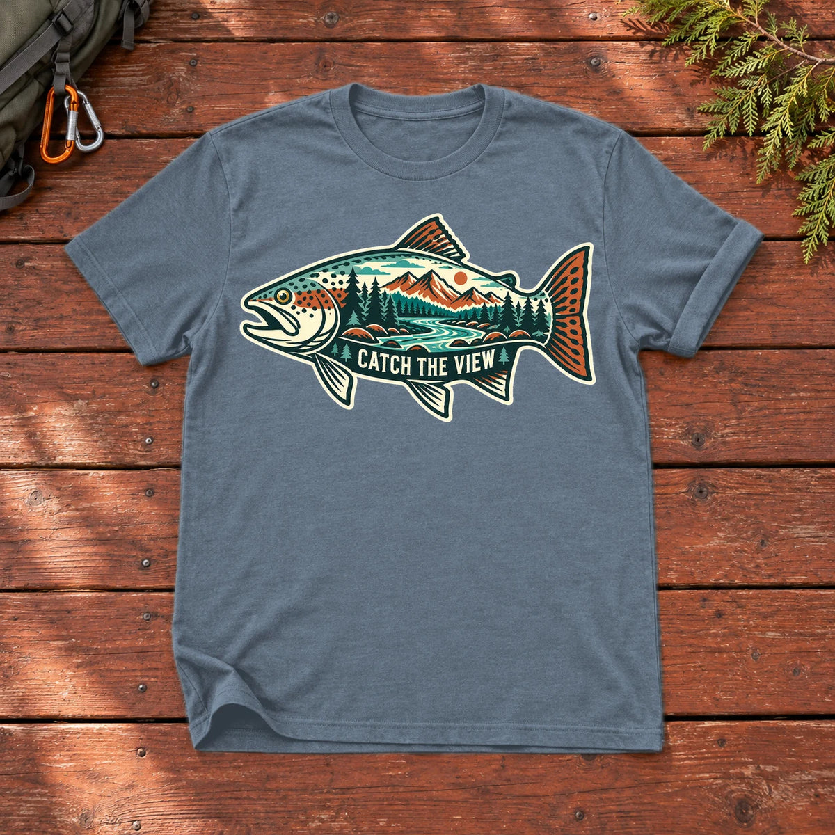 Catch The View Trout Graphic Tee on Heather Indigo Everyday Soft Tee