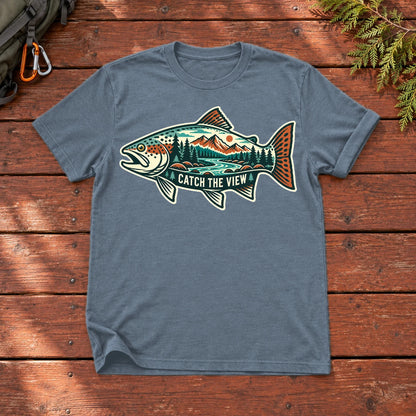 Catch The View Trout Graphic Tee on Heather Indigo Everyday Soft Tee