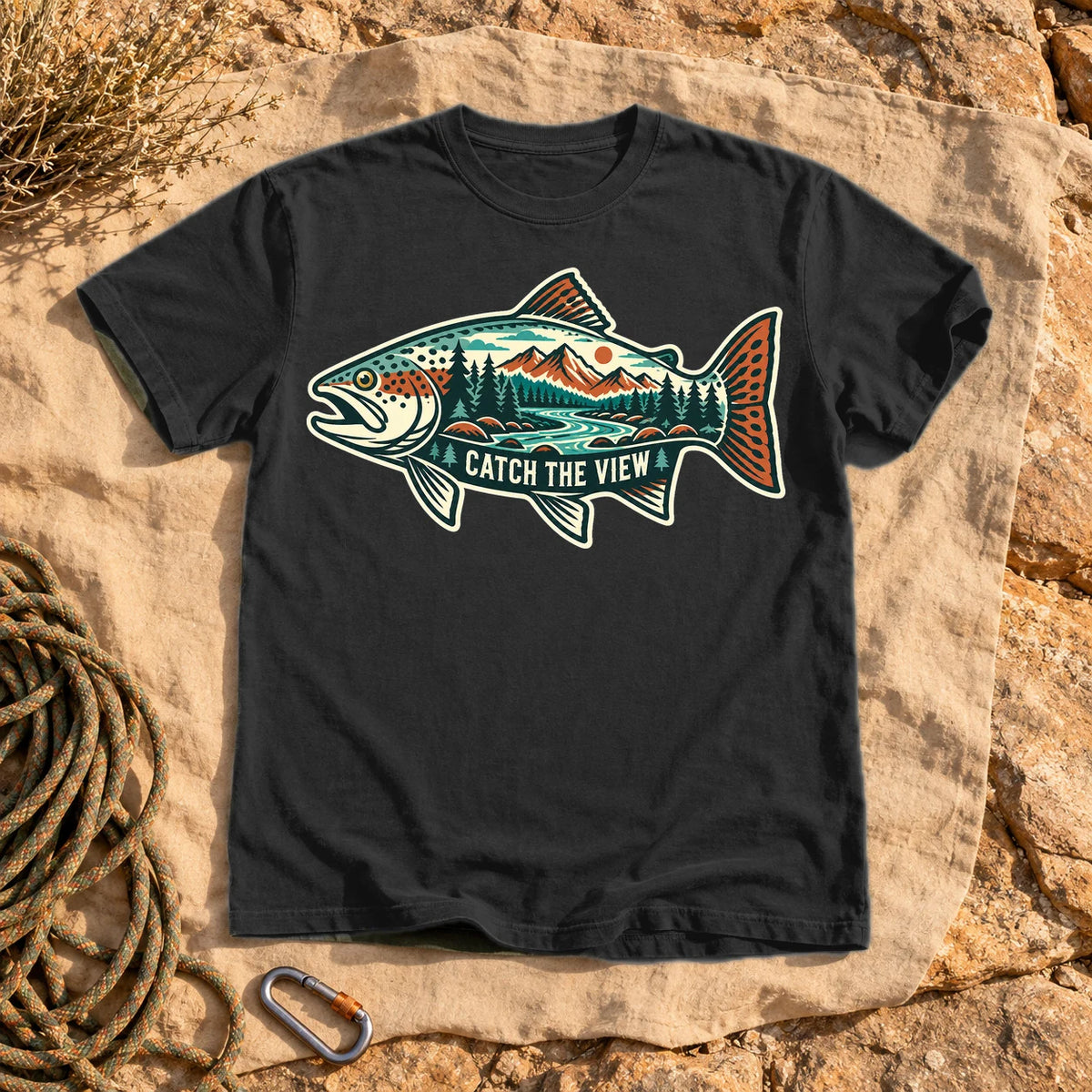 Catch The View Trout Graphic Tee on Black Premium Tee