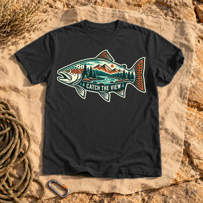 Catch The View Trout Graphic Tee on Black Premium Tee