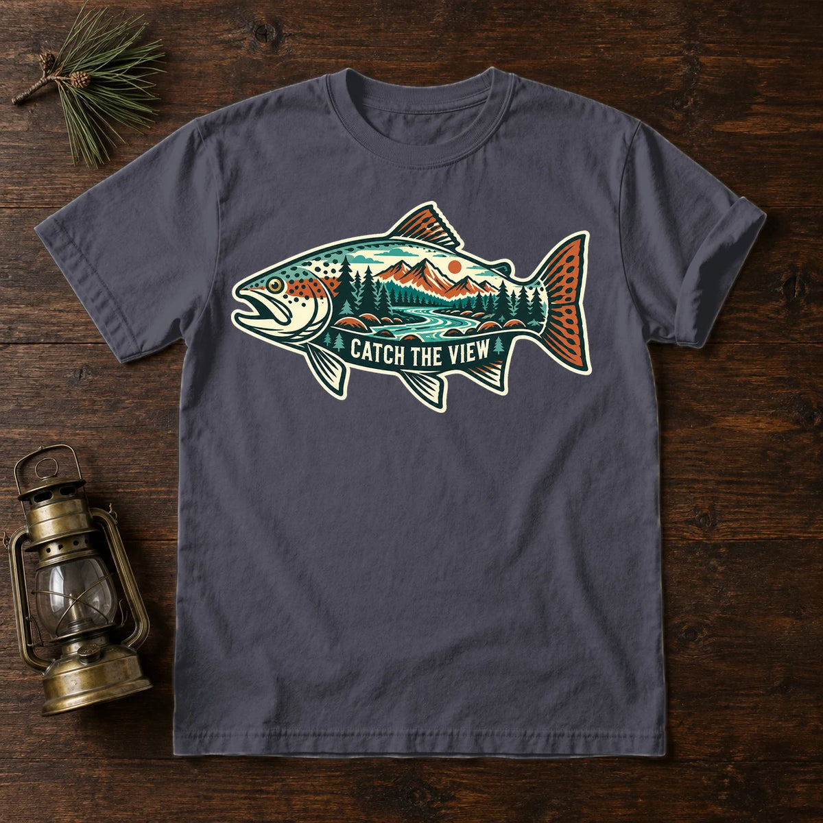 Catch The View Trout Graphic Tee on Navy Premium Tee