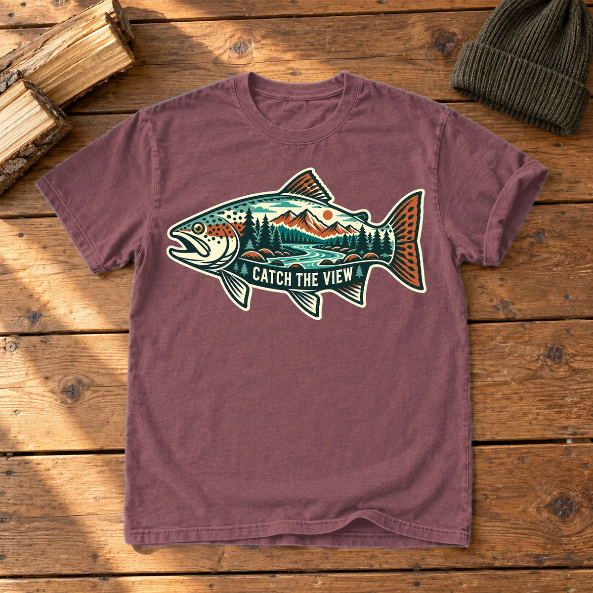 Catch The View Trout Graphic Tee on Brick Premium Tee