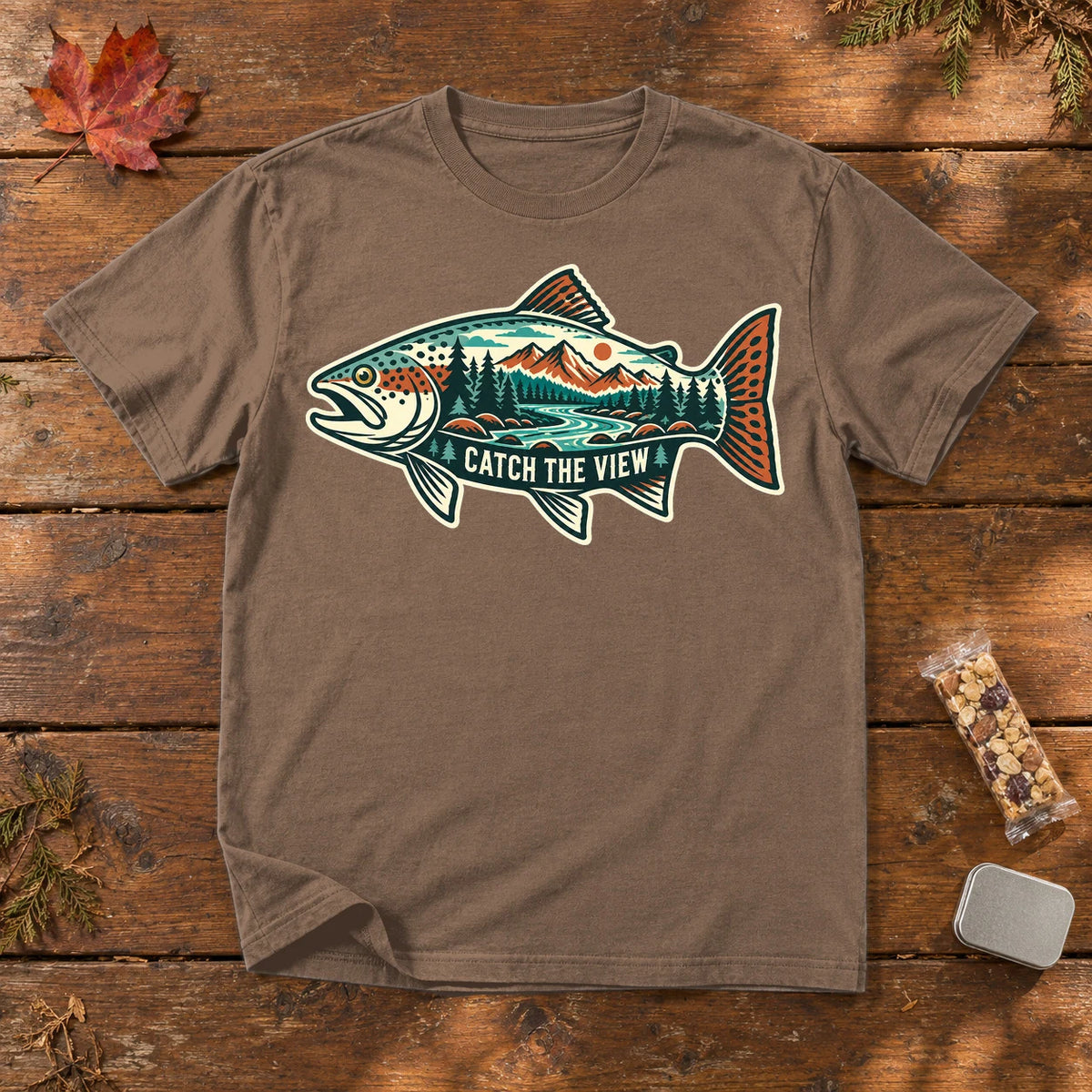 Catch The View Trout Graphic Tee on Espresso Premium Tee