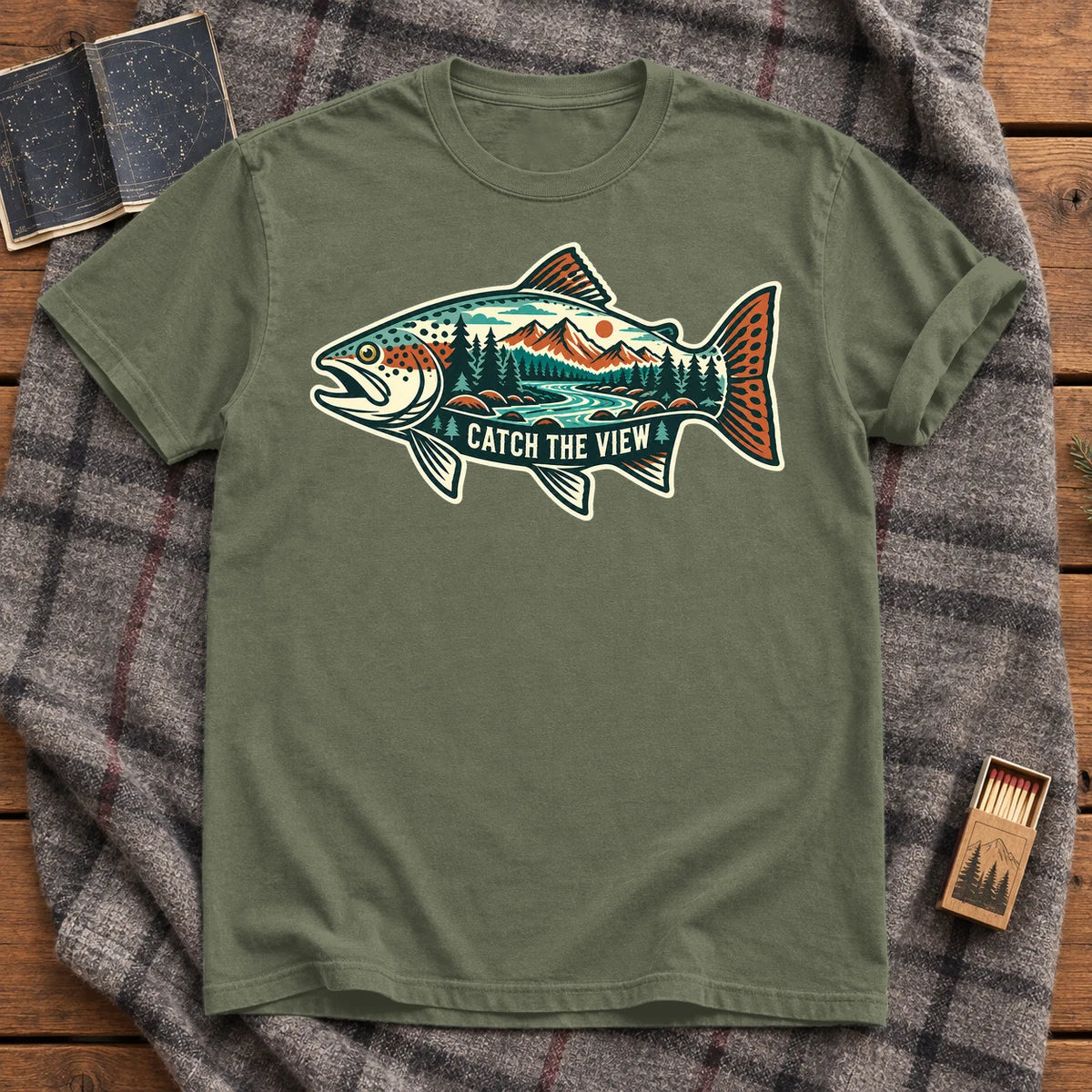 Catch The View Trout Graphic Tee on Moss Premium Tee