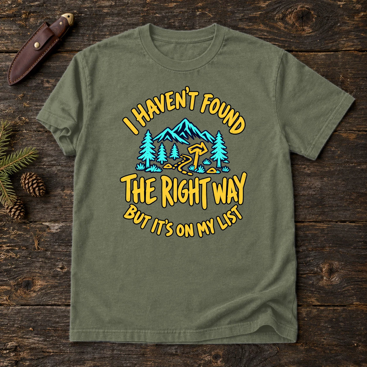 The Right Way Adventure Graphic Tee on Moss Premium Tee