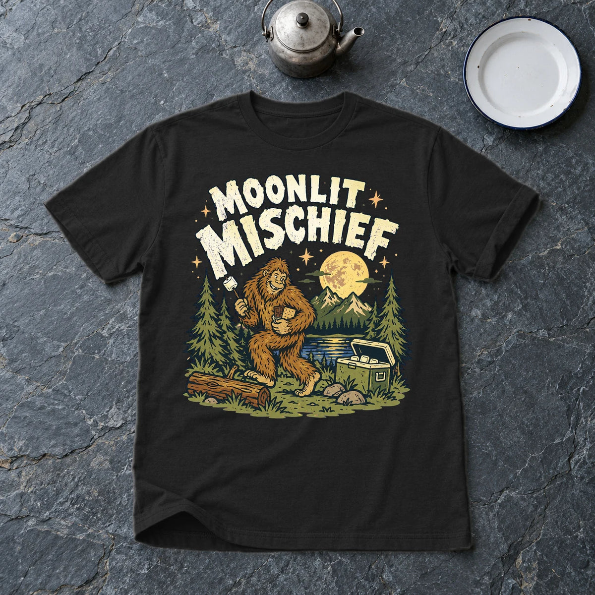 Moonlit Mischief Bigfoot Graphic Tee on Black Everyday Soft Tee