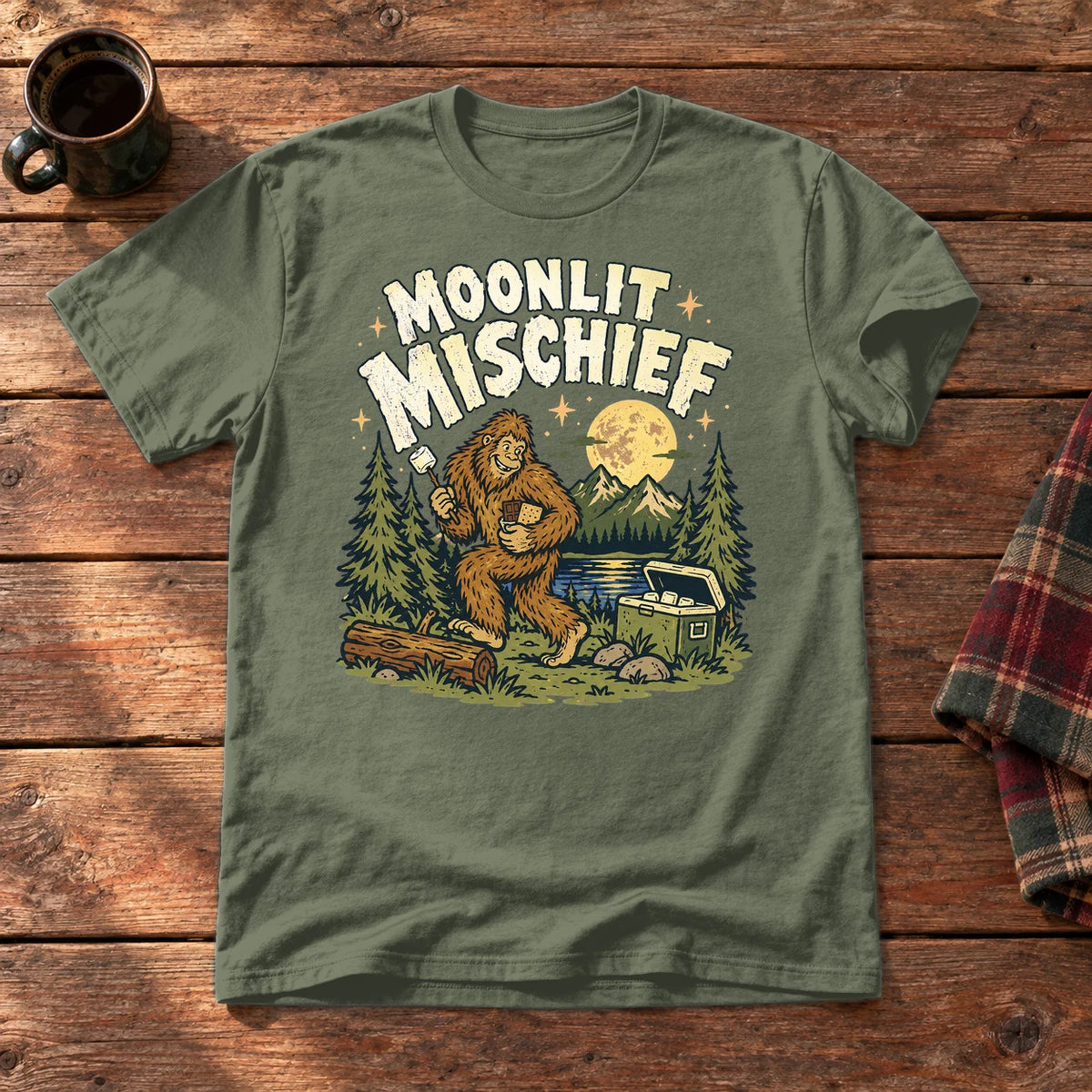 Moonlit Mischief Bigfoot Graphic Tee on Military Green Everyday Soft Tee