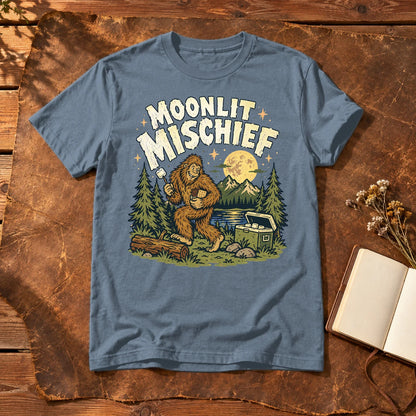 Moonlit Mischief Bigfoot Graphic Tee on Heather Indigo Everyday Soft Tee