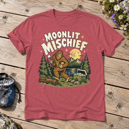 Moonlit Mischief Bigfoot Graphic Tee on Heather Red Everyday Soft Tee