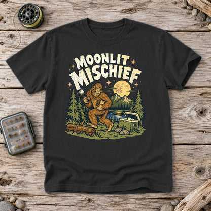 Moonlit Mischief Bigfoot Graphic Tee on Black Premium Tee