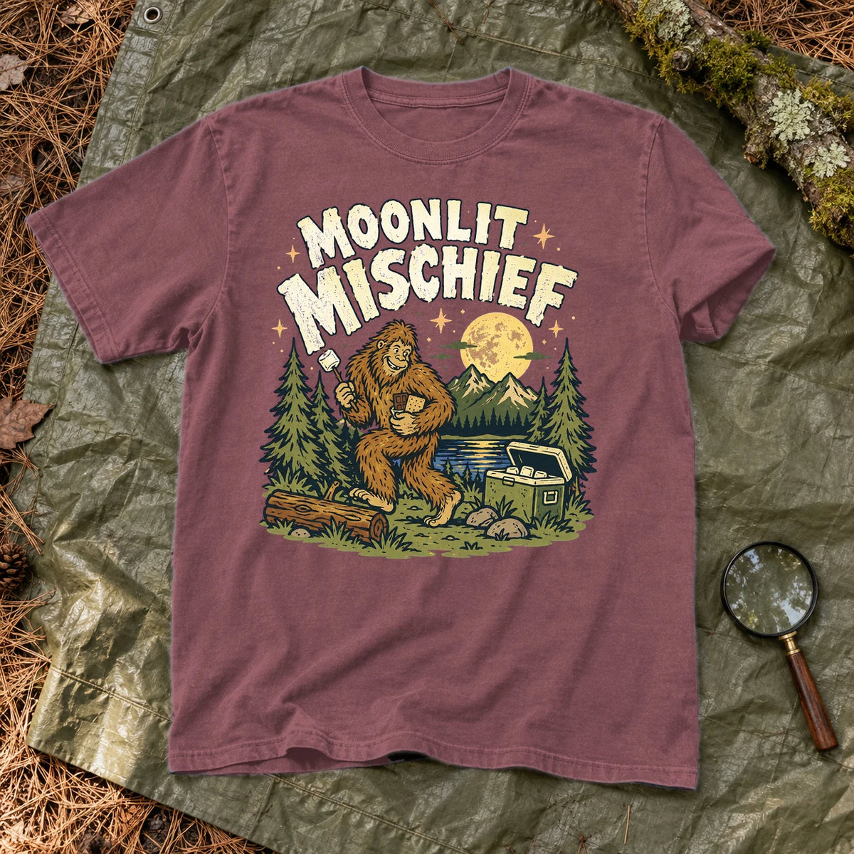 Moonlit Mischief Bigfoot Graphic Tee on Brick Premium Tee