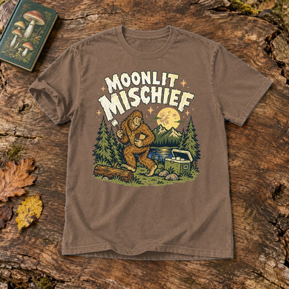 Moonlit Mischief Bigfoot Graphic Tee on Espresso Premium Tee