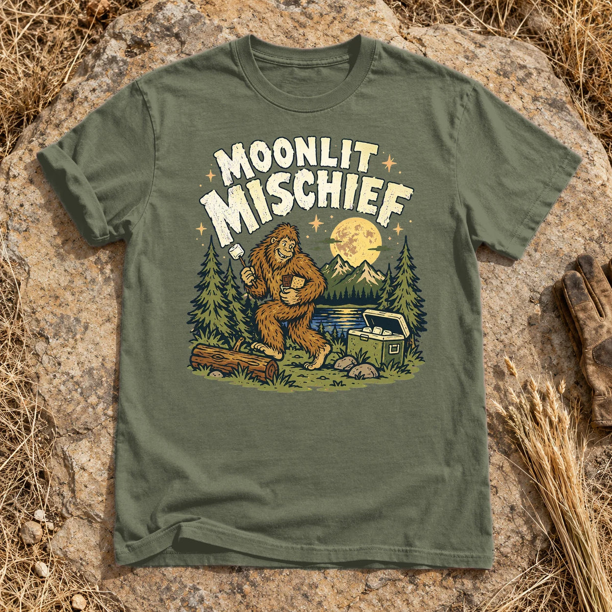 Moonlit Mischief Bigfoot Graphic Tee on Moss Premium Tee
