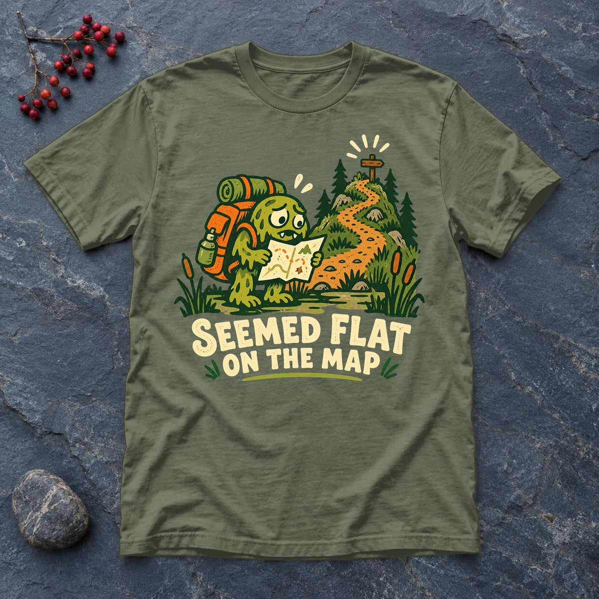 Seemed Flat On The Map Graphic Tee on Military Green Everyday Soft Tee