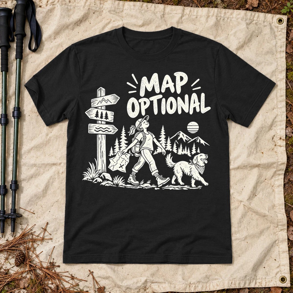 Map Optional Hiking Graphic Tee on Black Everyday Soft Tee