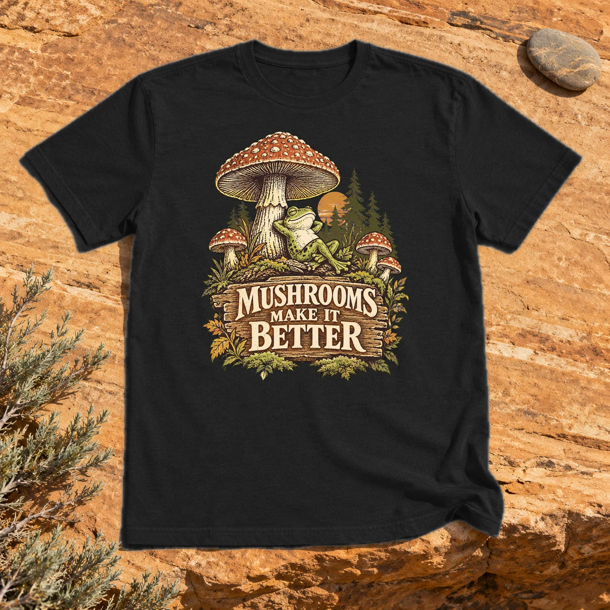 Mushrooms Make It Better Frog Graphic Tee on Black Everyday Soft Tee