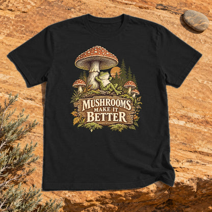 Mushrooms Make It Better Frog Graphic Tee on Black Everyday Soft Tee