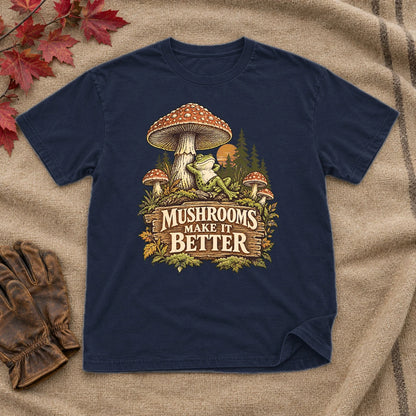 Mushrooms Make It Better Frog Graphic Tee on Navy Everyday Soft Tee