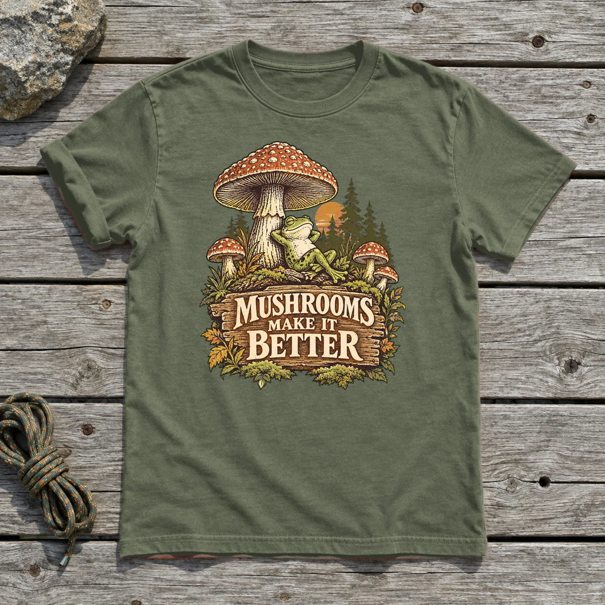 Mushrooms Make It Better Frog Graphic Tee on Military Green Everyday Soft Tee