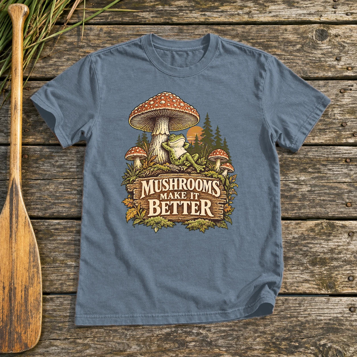 Mushrooms Make It Better Frog Graphic Tee on Heather Indigo Everyday Soft Tee
