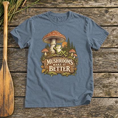 Mushrooms Make It Better Frog Graphic Tee on Heather Indigo Everyday Soft Tee