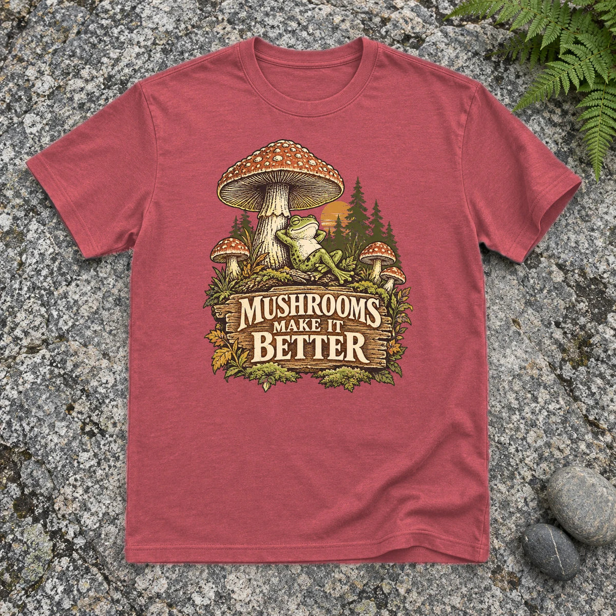 Mushrooms Make It Better Frog Graphic Tee on Heather Red Everyday Soft Tee