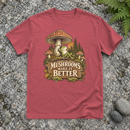 Mushrooms Make It Better Frog Graphic Tee on Heather Red Everyday Soft Tee