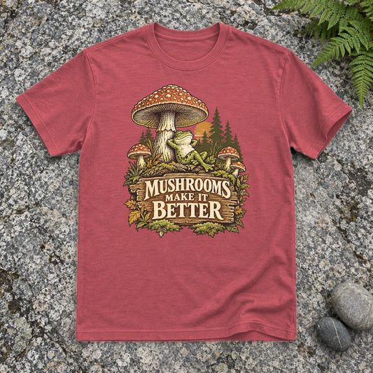 Mushrooms Make It Better Frog Graphic Tee on Heather Red Everyday Soft Tee