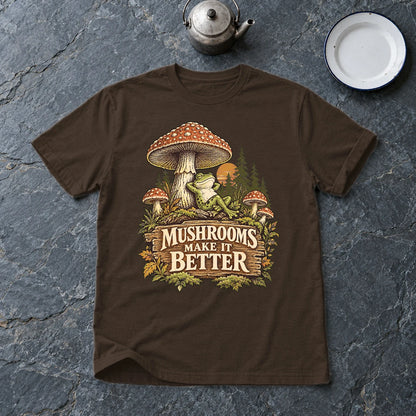 Mushrooms Make It Better Frog Graphic Tee on Dark Chocolate Everyday Soft Tee