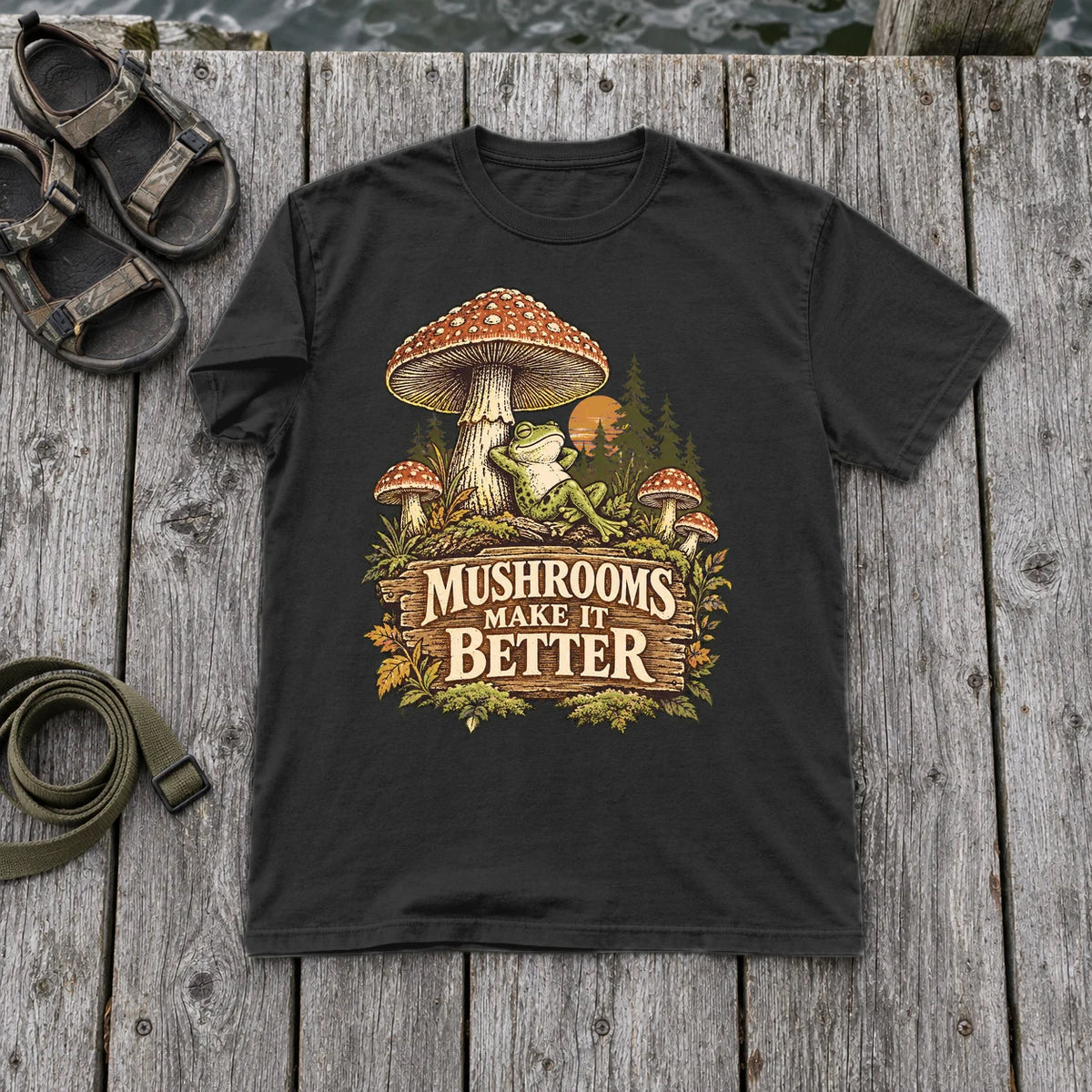 Mushrooms Make It Better Frog Graphic Tee on Black Premium Tee