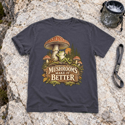 Mushrooms Make It Better Frog Graphic Tee on Navy Premium Tee