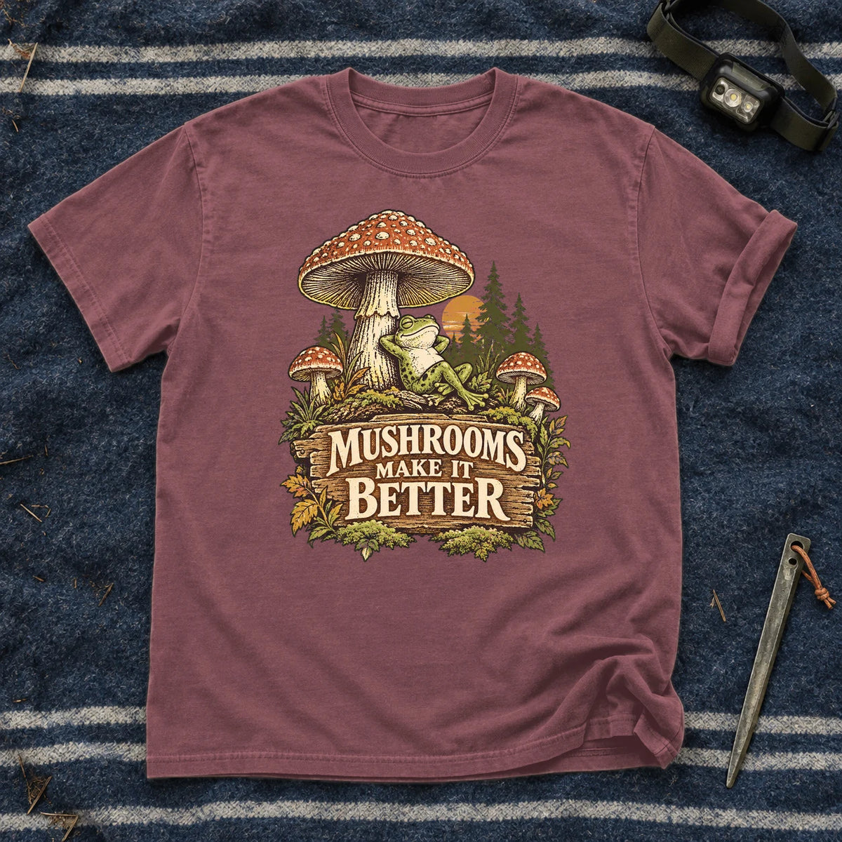 Mushrooms Make It Better Frog Graphic Tee on Brick Premium Tee