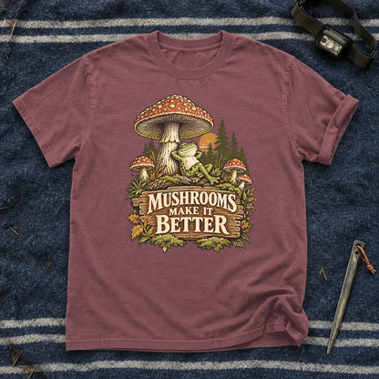 Mushrooms Make It Better Frog Graphic Tee on Brick Premium Tee
