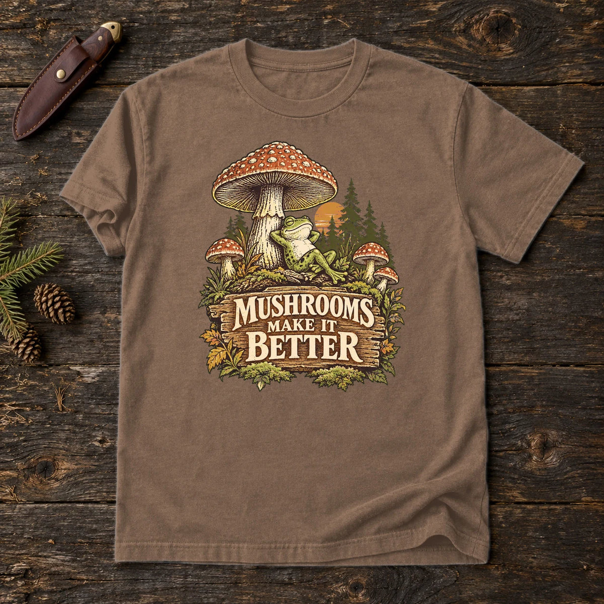 Mushrooms Make It Better Frog Graphic Tee on Espresso Premium Tee