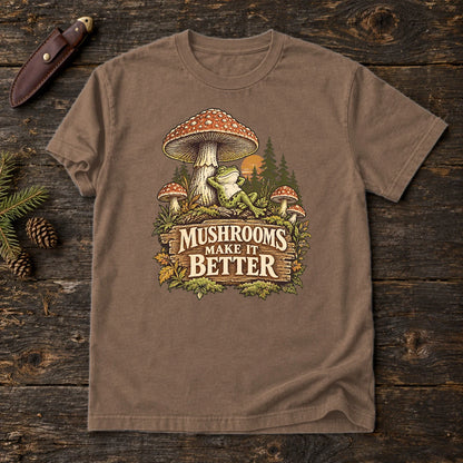 Mushrooms Make It Better Frog Graphic Tee on Espresso Premium Tee