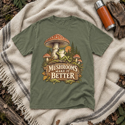 Mushrooms Make It Better Frog Graphic Tee on Moss Premium Tee