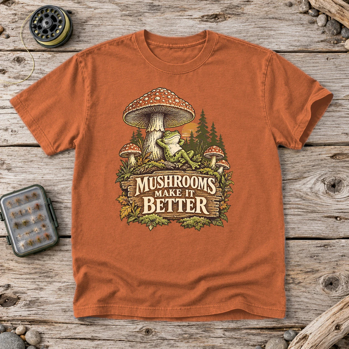 Mushrooms Make It Better Frog Graphic Tee on Yam Premium Tee