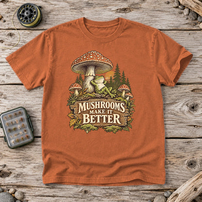 Mushrooms Make It Better Frog Graphic Tee on Yam Premium Tee