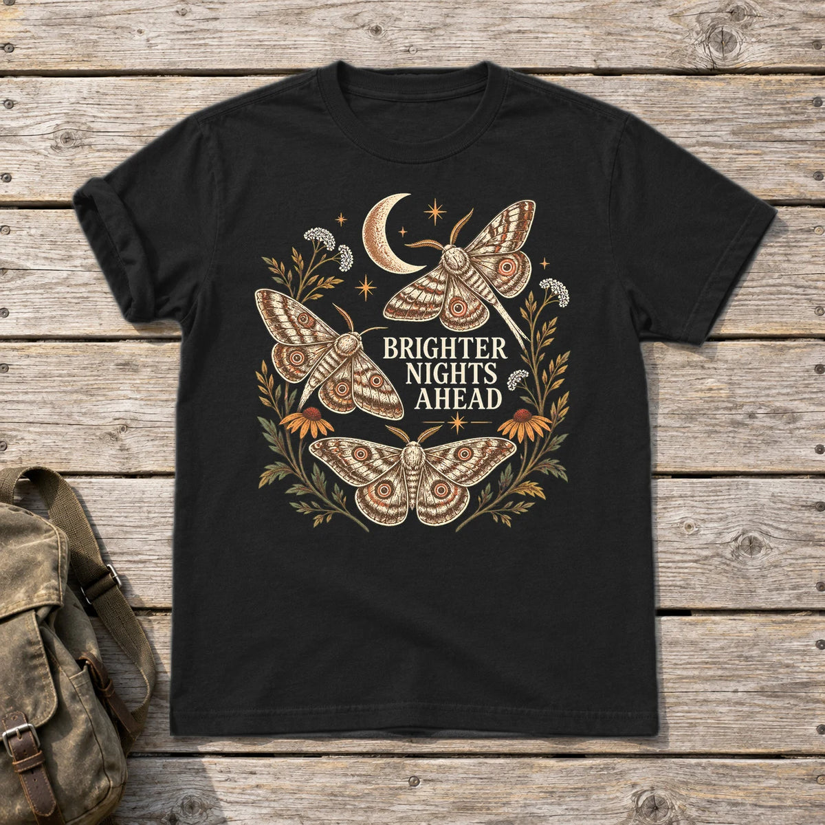 Brighter Nights Ahead Moth Graphic Tee on Black Everyday Soft Tee