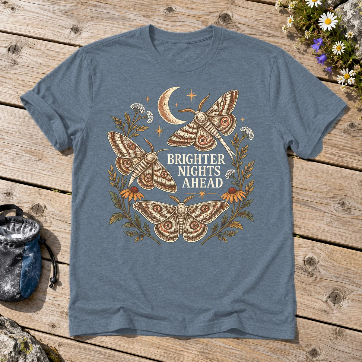 Brighter Nights Ahead Moth Graphic Tee on Heather Indigo Everyday Soft Tee