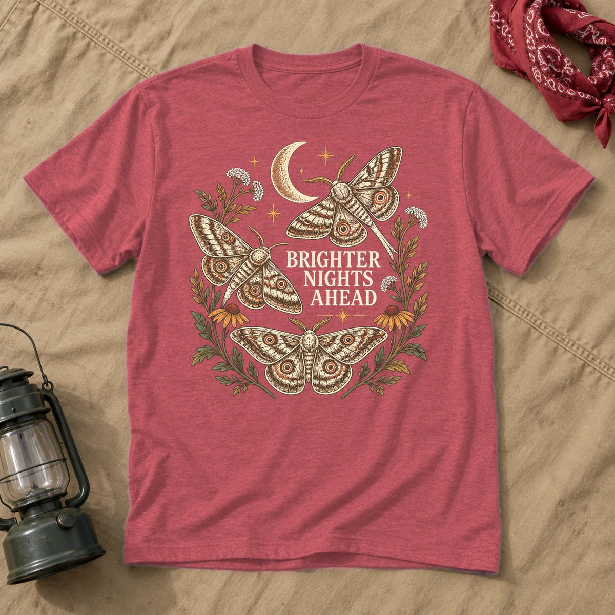 Brighter Nights Ahead Moth Graphic Tee on Heather Red Everyday Soft Tee