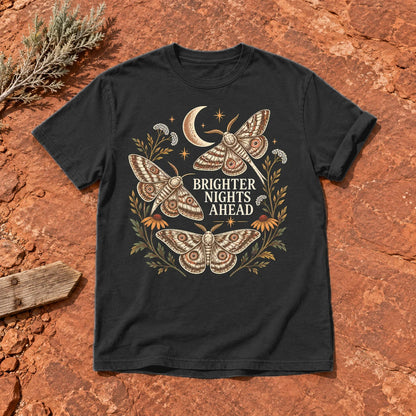 Brighter Nights Ahead Moth Graphic Tee on Black Premium Tee